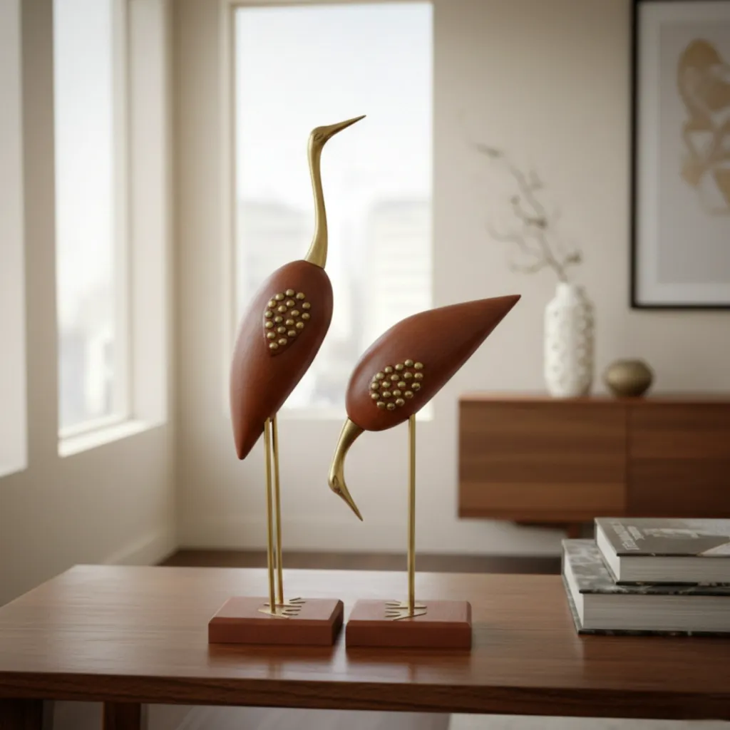 Handmade Wooden Bird Statue Set.