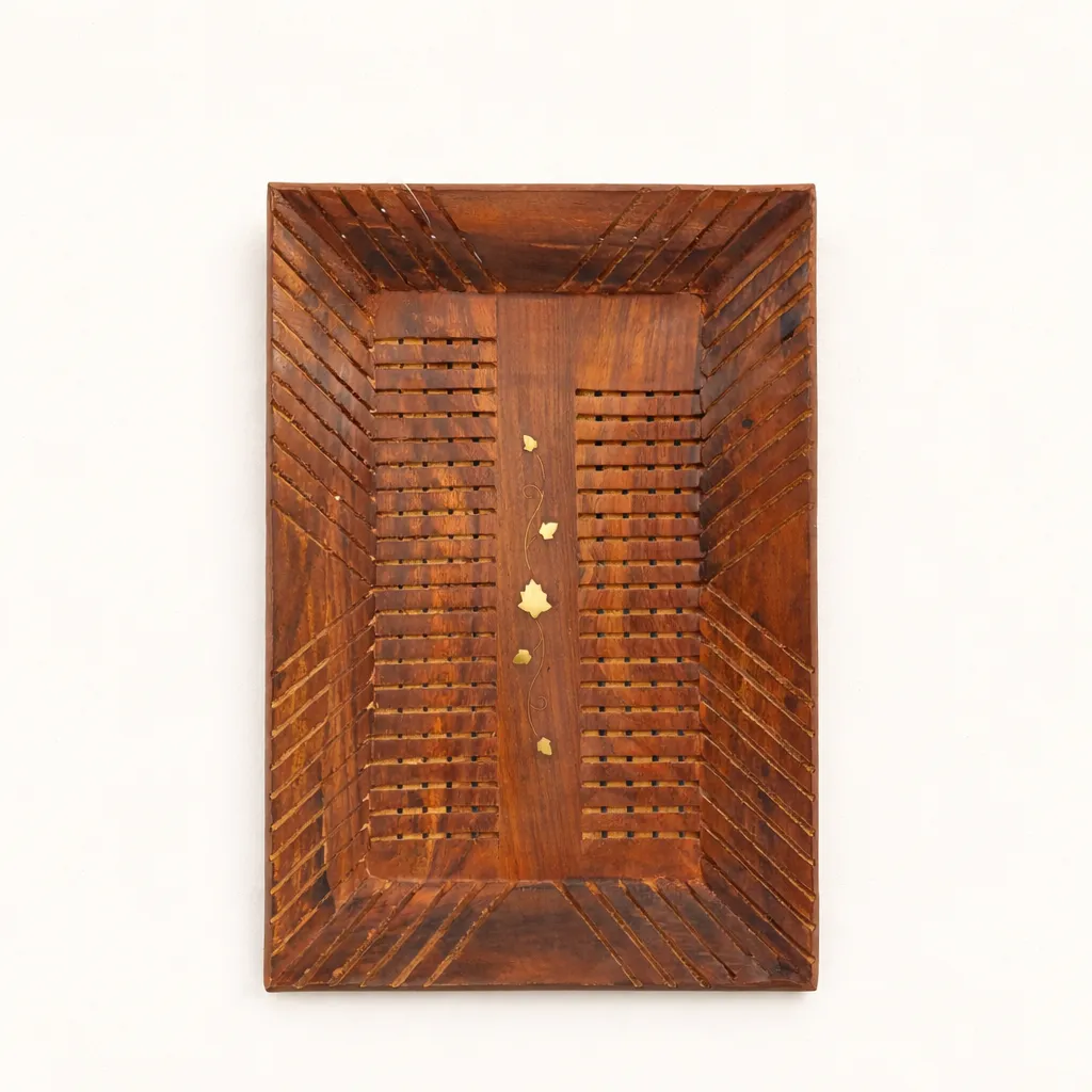 Handcrafted Wooden Serving Tray with Brass Inlay