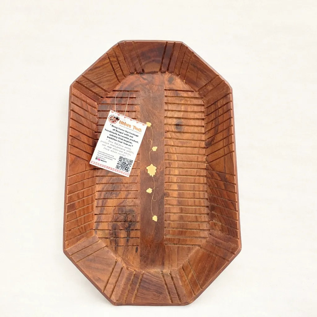 Handcrafted Octagonal Wooden Serving Tray with Brass Inlay