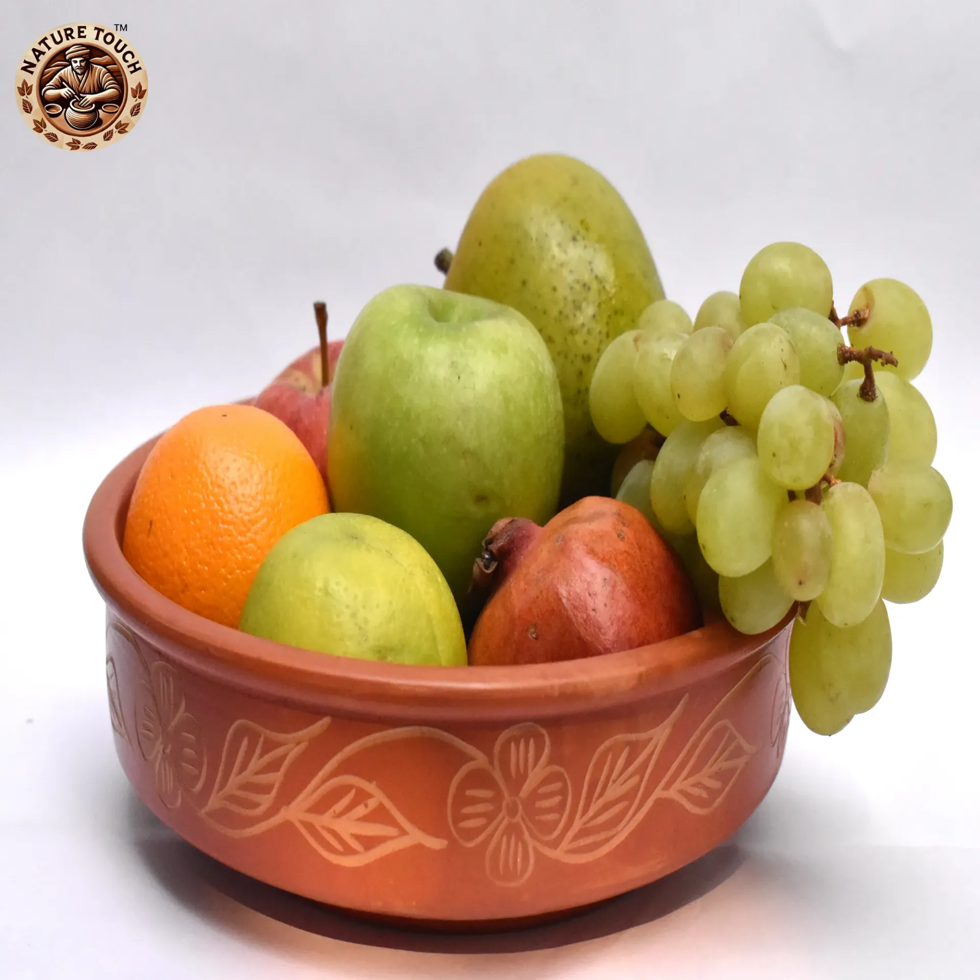 Handcrafted Terracotta Fruit Bowl with Floral Design |