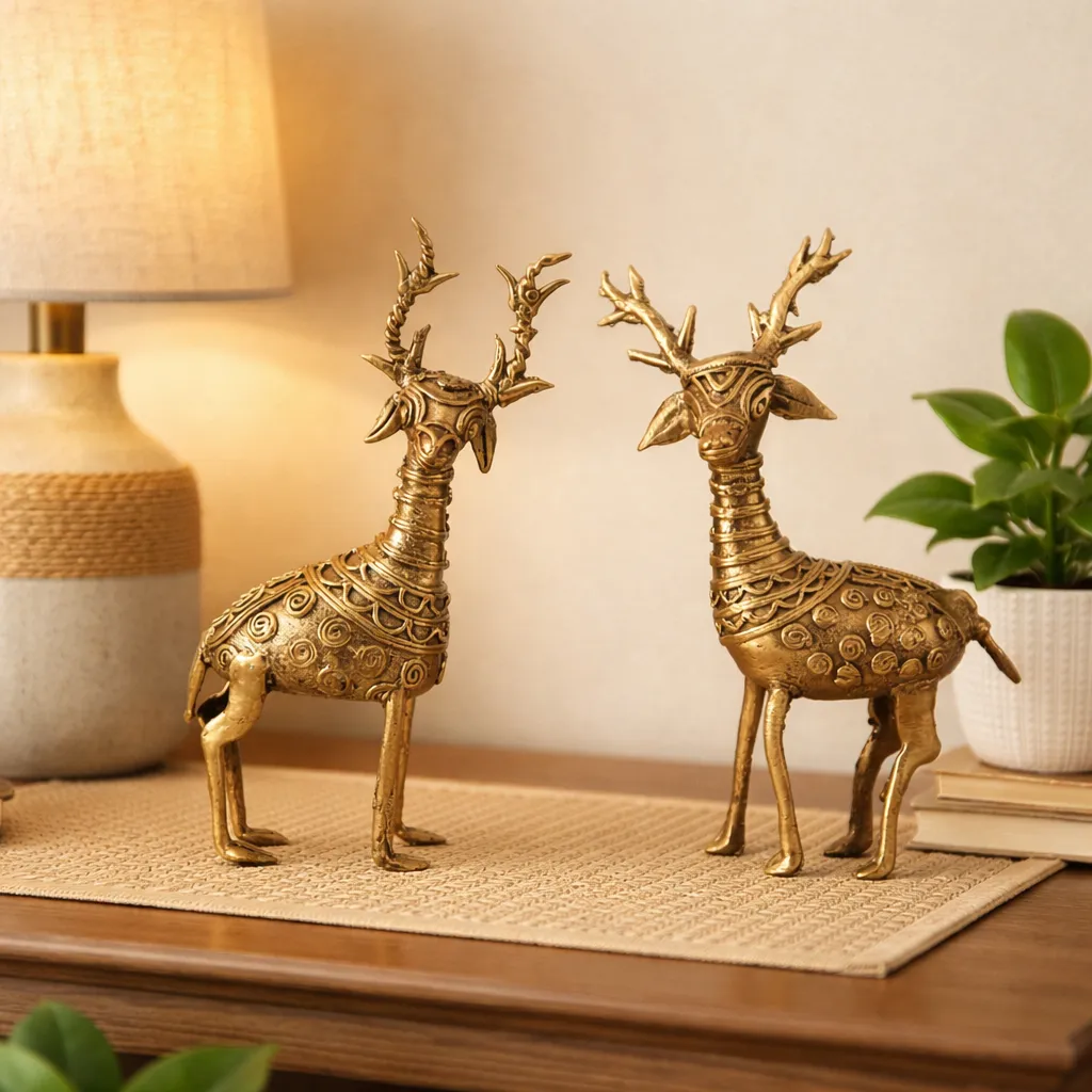 Handcrafted Dhokra Brass Deer Figurines – Tribal Art Home Décor (Set of 2)