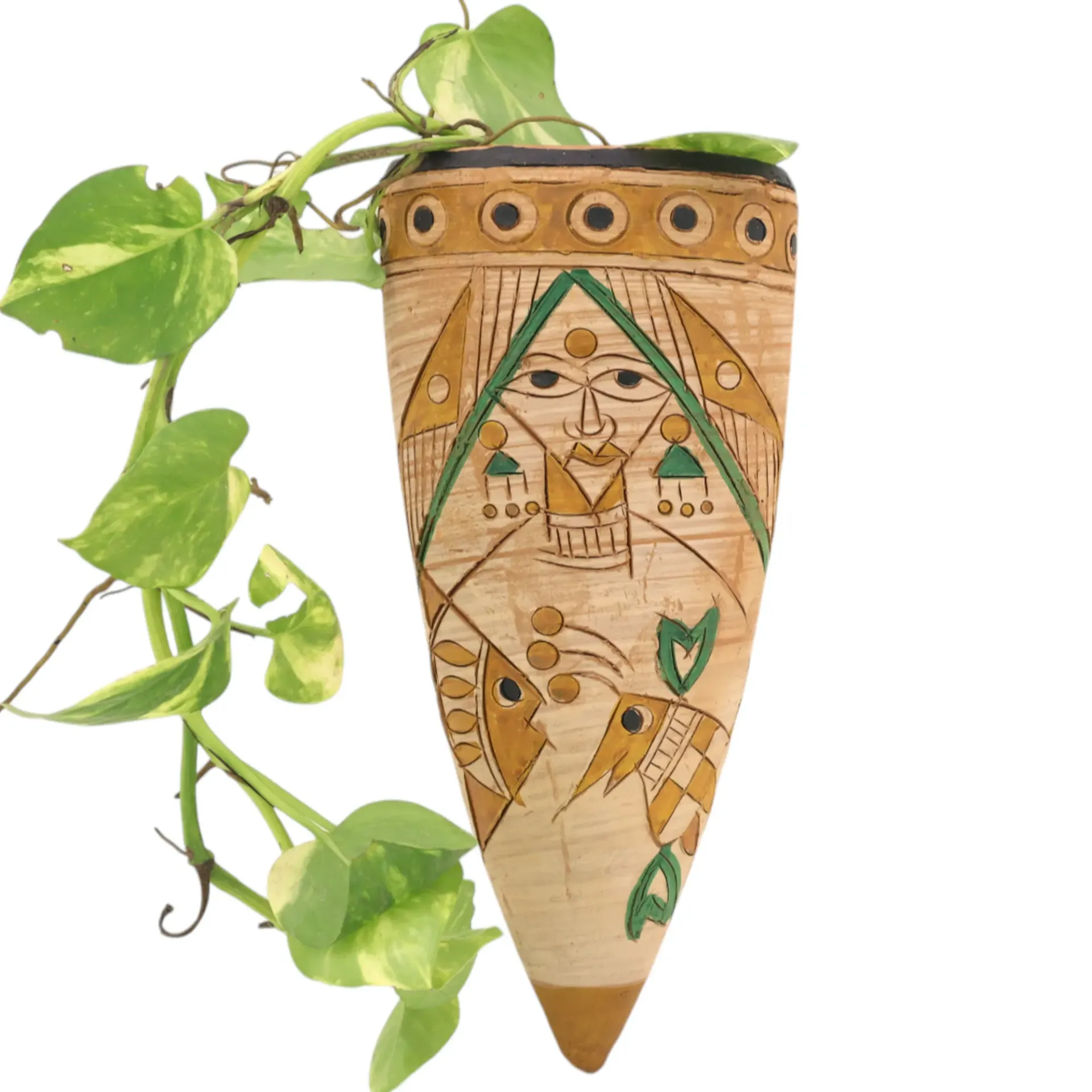 Handmade Terracotta Wall Hanging Planter | Tribal Art Wall Vase |