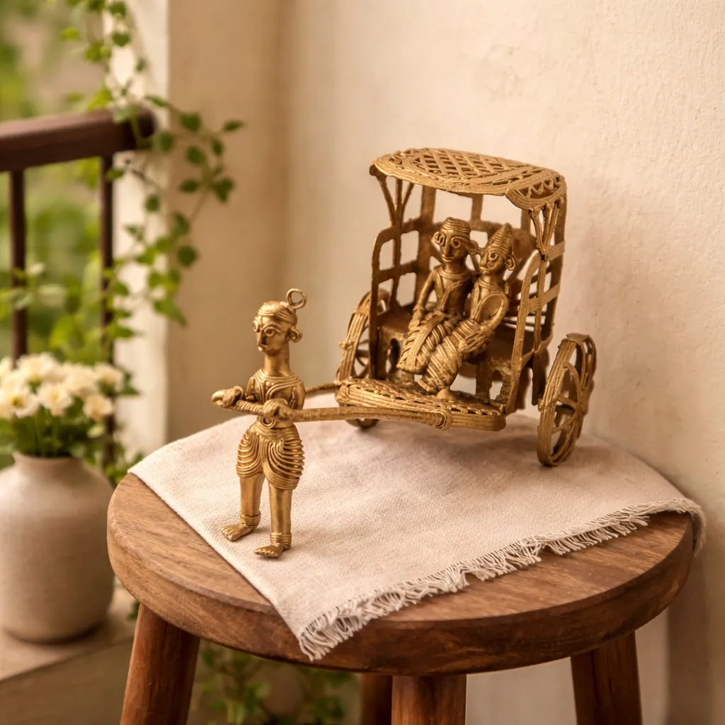Dhokra Brass Rickshaw with Couple Figurine – Handcrafted Tribal Metal Art